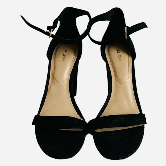 Women’s Shoes ALDO Suede Leather Open Toe Heel Sandals Black Ankle Strap Heels - Picture 2 of 7